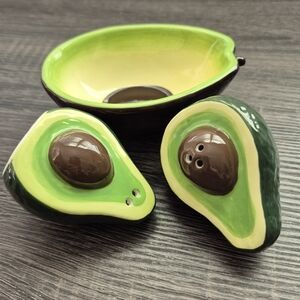 Green and Brown Avocado Ceramic Bowl and Shaker Set